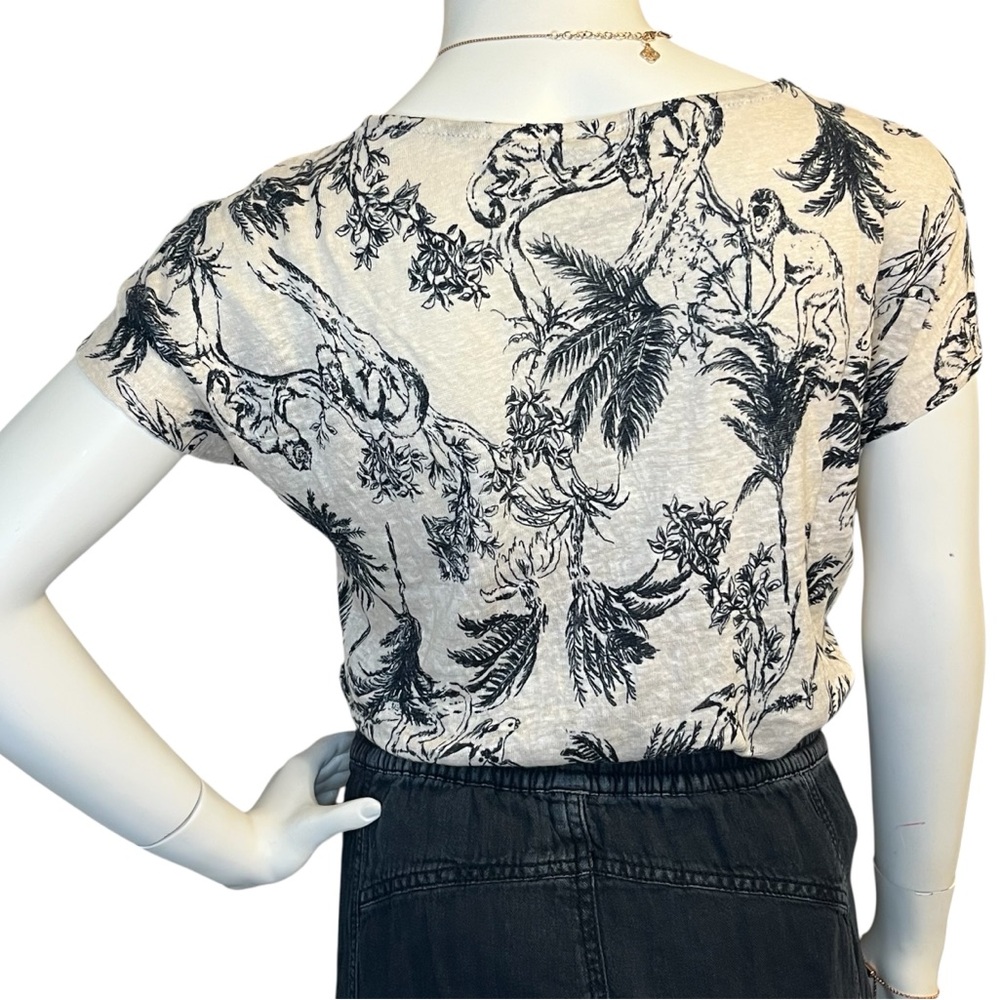 Joie Black and White Tropical Print Boxy Linen Relaxed Fit Cap Sleeve Tee Shirt - Picture 3 of 11